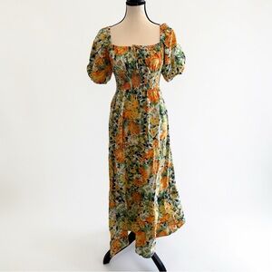 Faithfull the Brand Rene Floral Tiered Midi Dress Smocked Puff Sleeve Small
